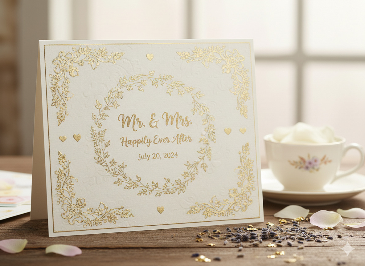 Sophisticated wedding greeting card with gold accents